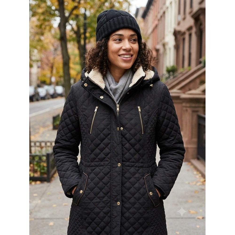 Laundry by Shelli Segal Black Quilted Hooded Parka Jacket Gold Hardware Womens